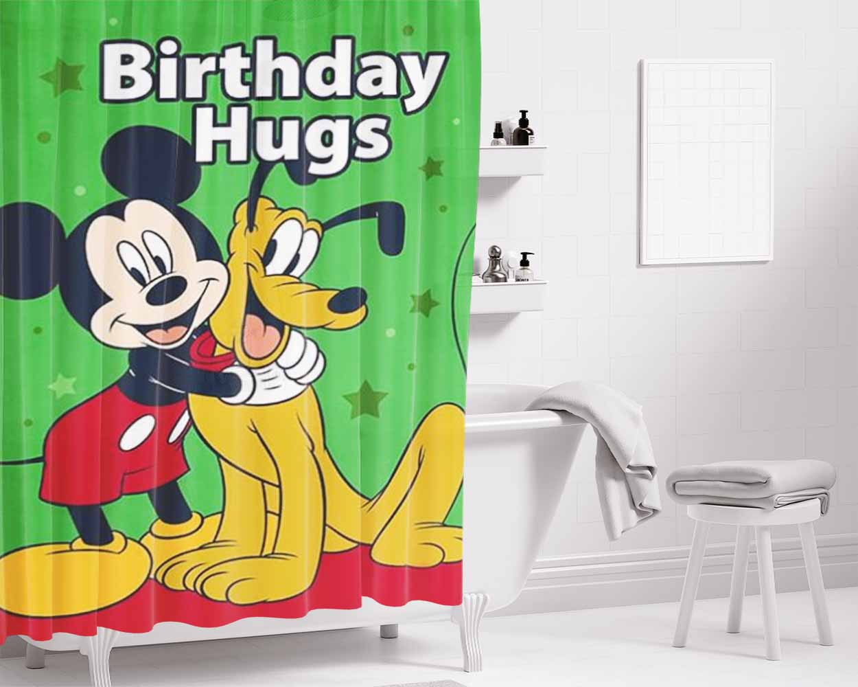 Birthday Hugs Mickey And Pluto Bathroom Shower Curtain Fabric Waterproof | 66 X 72 Inch