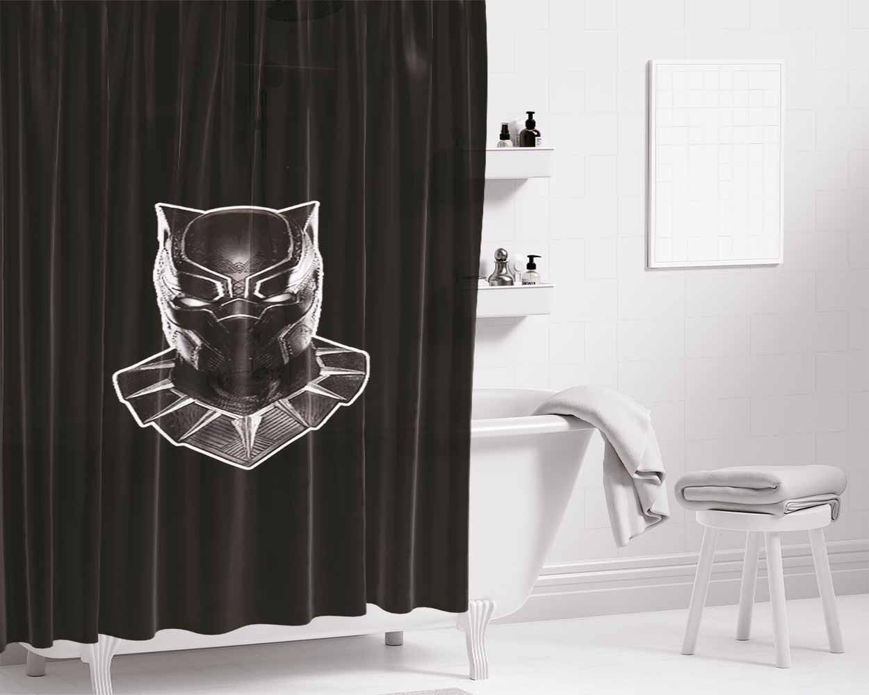 Black Panther Mask Graphic Marvel Comic Bathroom Shower Curtain Fabric Waterproof | 66 X 72 Inch