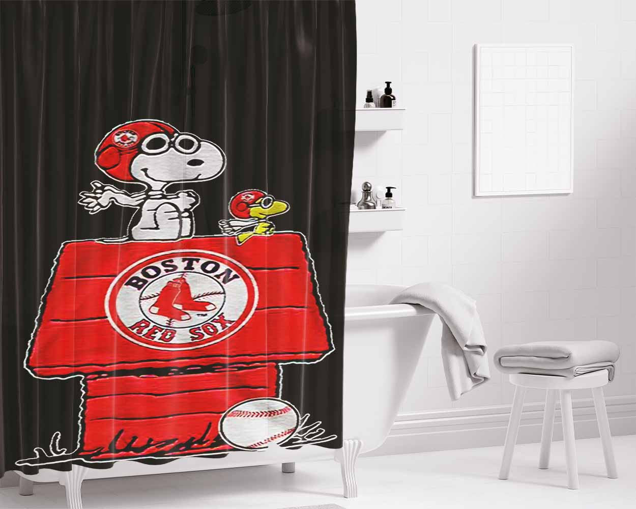 Boston Red Sox Snoopy Bathroom Shower Curtain Fabric Waterproof | 66 X 72 Inch