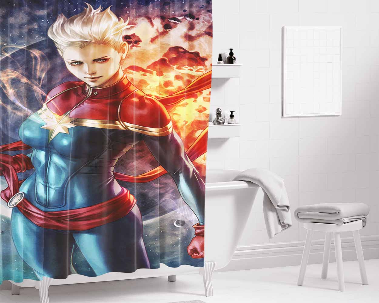 Captain Marvel War Fan Art Bathroom Shower Curtain Fabric Waterproof | 66 X 72 Inch