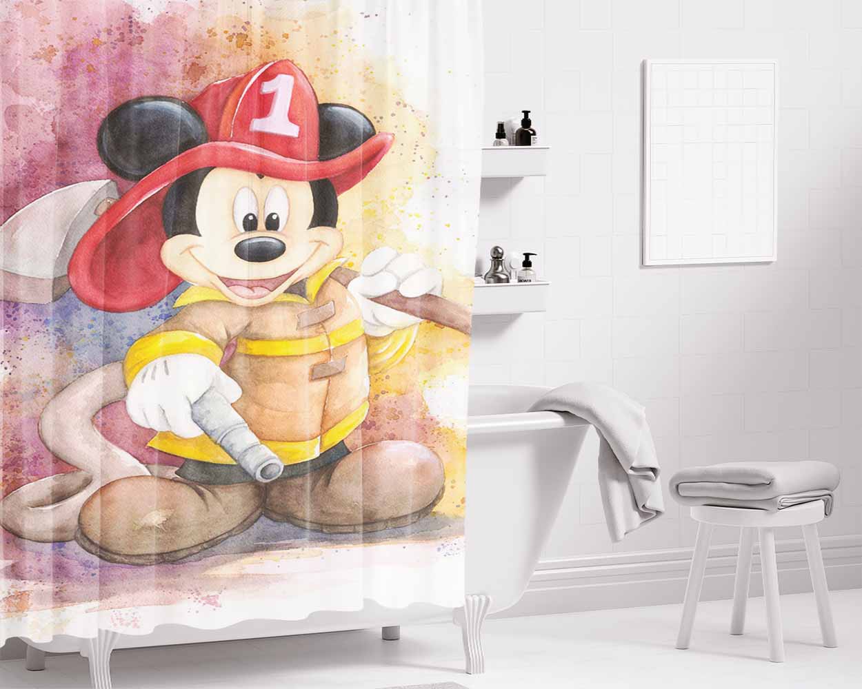 Disney Mickey Firefighter 2 Bathroom Shower Curtain Fabric Waterproof | 66 X 72 Inch