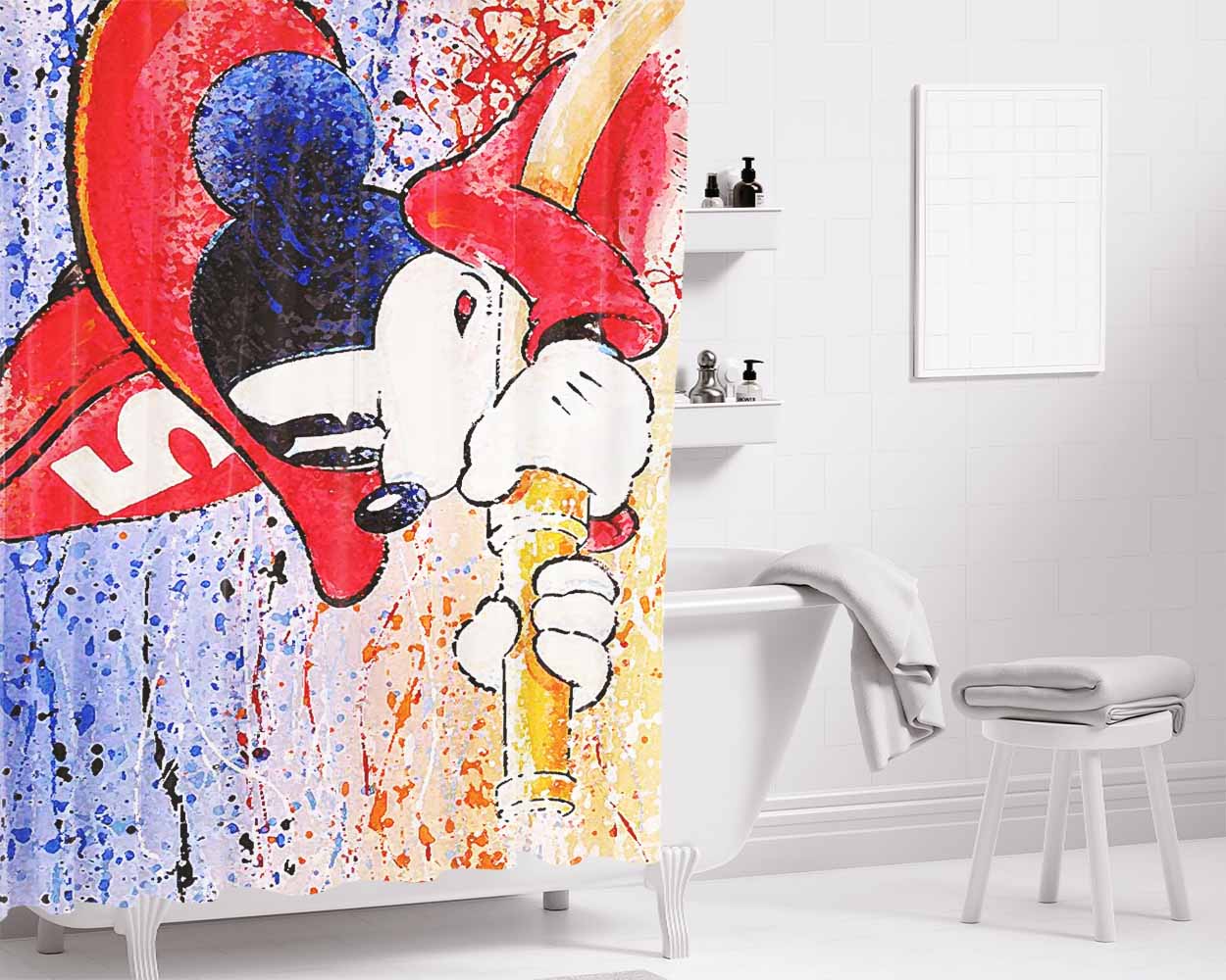 Disney Mickey Firefighter Bathroom Shower Curtain Fabric Waterproof | 66 X 72 Inch