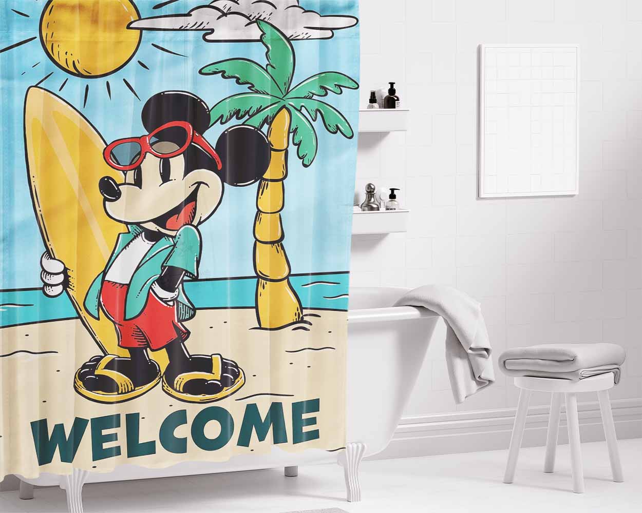 Disney Mickey Summer Bathroom Shower Curtain Fabric Waterproof | 66 X 72 Inch