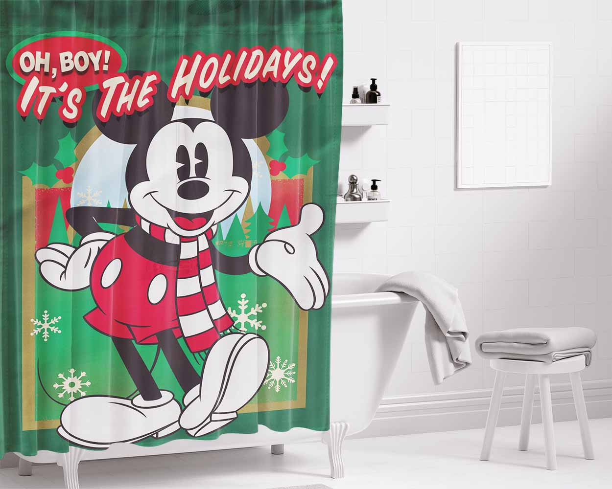 Disney Oh Boy It'S The Holidays Mickey Bathroom Shower Curtain Fabric Waterproof | 66 X 72 Inch