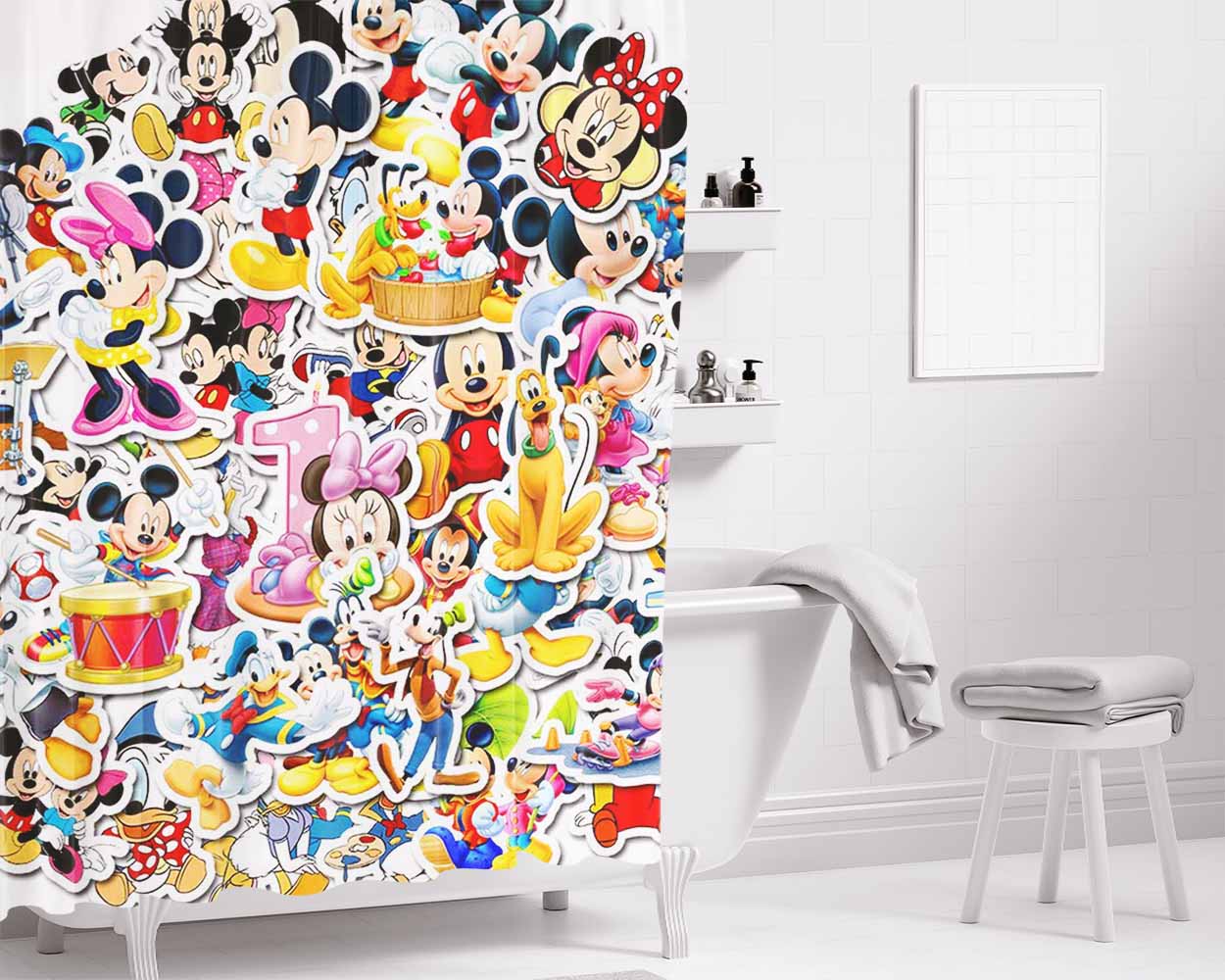 Disney Old Cartoon Mickey Minnie Mouse Donald Duck Pluto Goofy Bathroom Shower Curtain Fabric Waterproof | 66 X 72 Inch