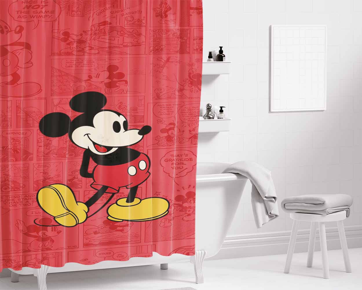 Disney Old Mickey Mouse Comic Bathroom Shower Curtain Fabric Waterproof | 66 X 72 Inch