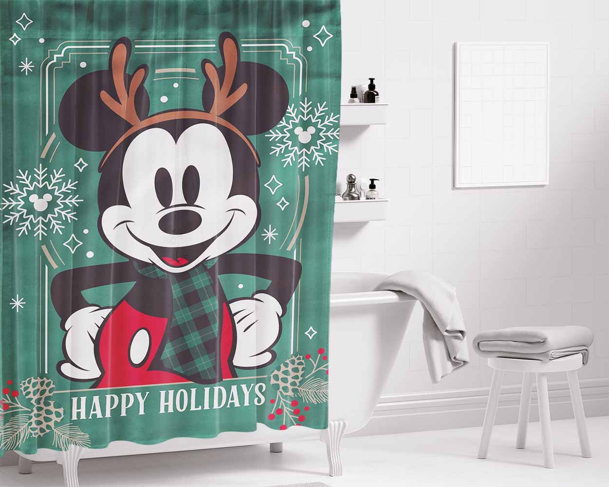Disney Reindeer Holiday Mickey Bathroom Shower Curtain Fabric Waterproof | 66 X 72 Inch