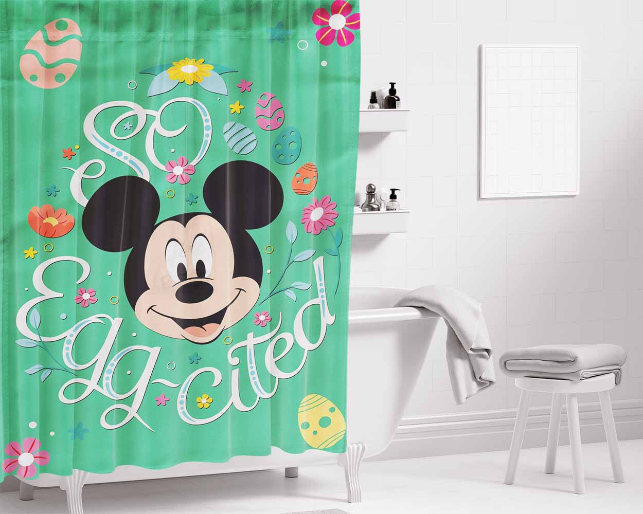 Disney So Egg-Cited Easter Mickey Mouse Bathroom Shower Curtain Fabric Waterproof | 66 X 72 Inch