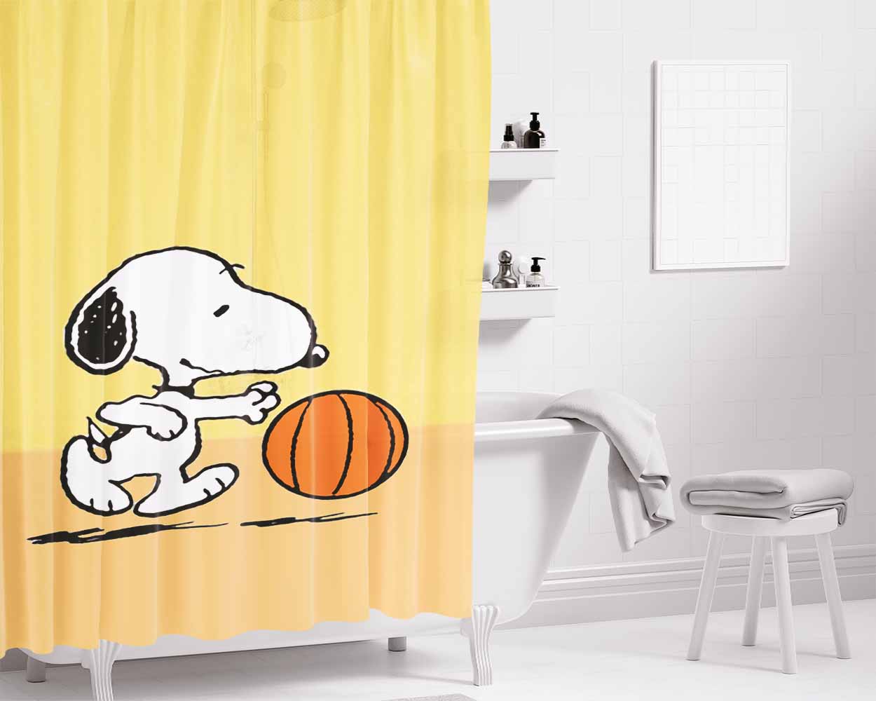 Funny Snoopy Play Basket Bathroom Shower Curtain Fabric Waterproof | 66 X 72 Inch