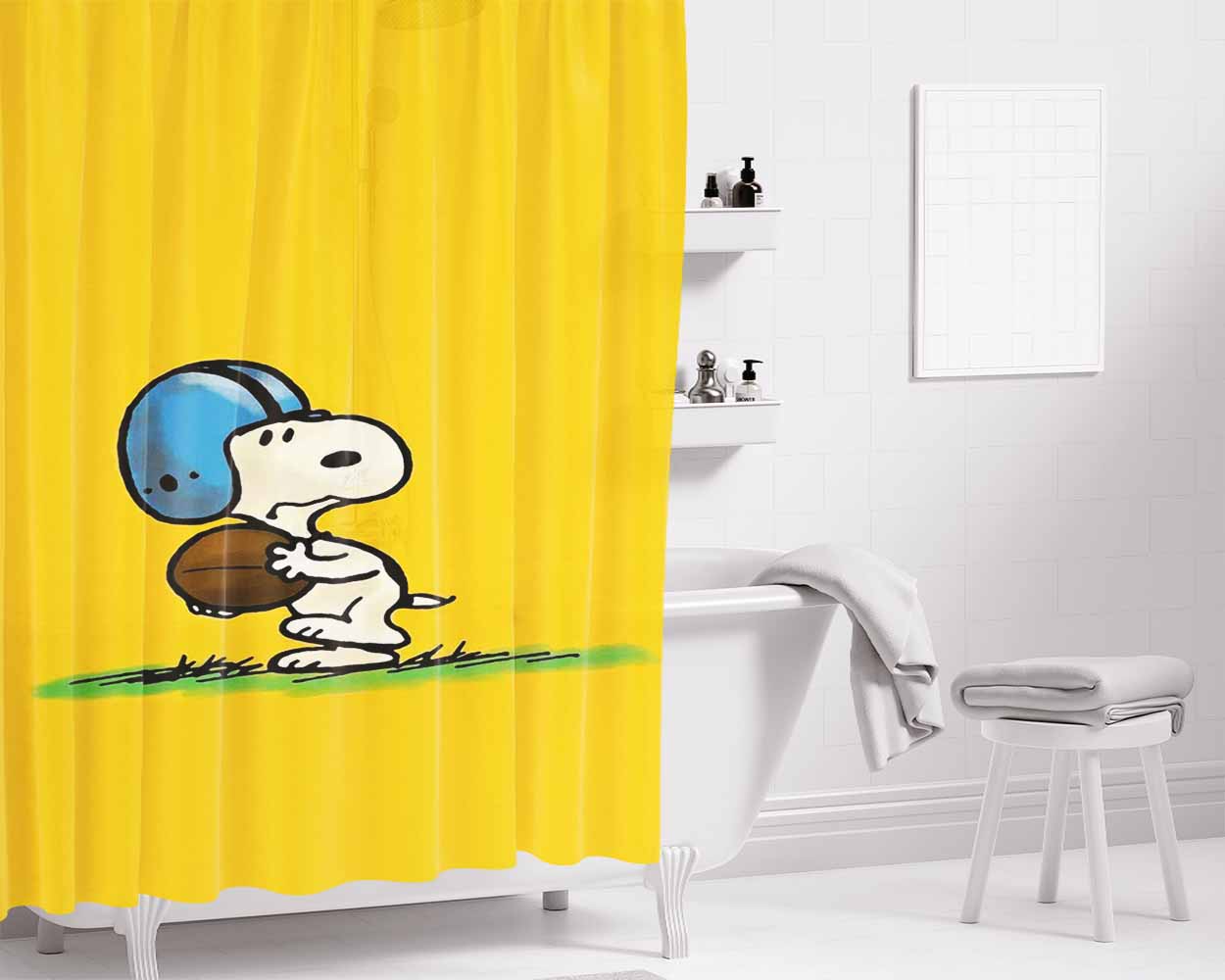 Funny Snoopy Play Football Bathroom Shower Curtain Fabric Waterproof | 66 X 72 Inch