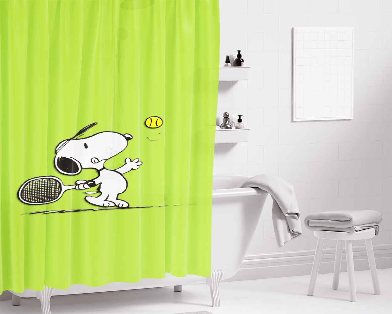 Funny Snoopy Play Tennis Bathroom Shower Curtain Fabric Waterproof | 66 X 72 Inch