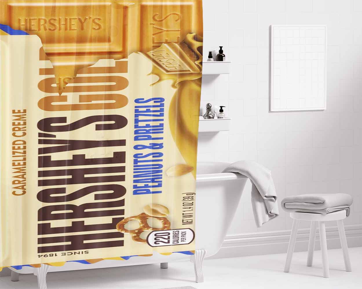 Hershey Gold Peanuts Pretzels Chocolate Candy Bar Bathroom Shower Curtain Fabric Waterproof | 66 X 72 Inch