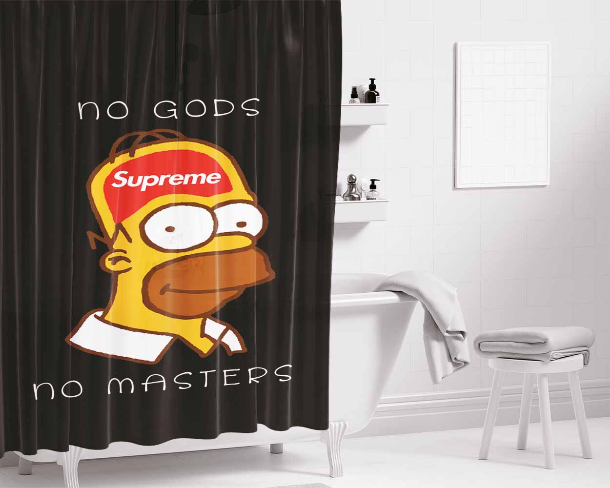 Homer Simpson Supreme No Gods No Masters Black Bathroom Shower Curtain Fabric Waterproof | 66 X 72 Inch
