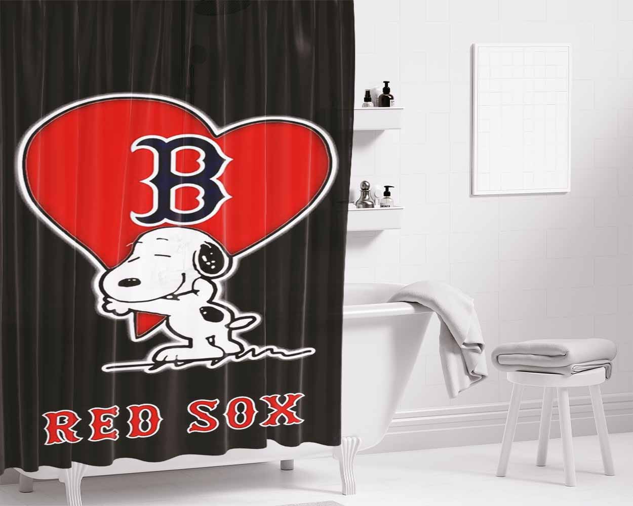 Love Boston Red Sox Snoopy Bathroom Shower Curtain Fabric Waterproof | 66 X 72 Inch