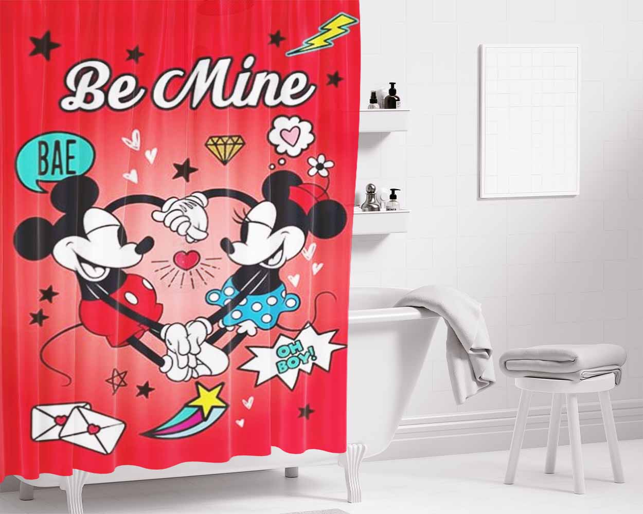 Loving Arms Mickey & Minnie Bathroom Shower Curtain Fabric Waterproof | 66 X 72 Inch