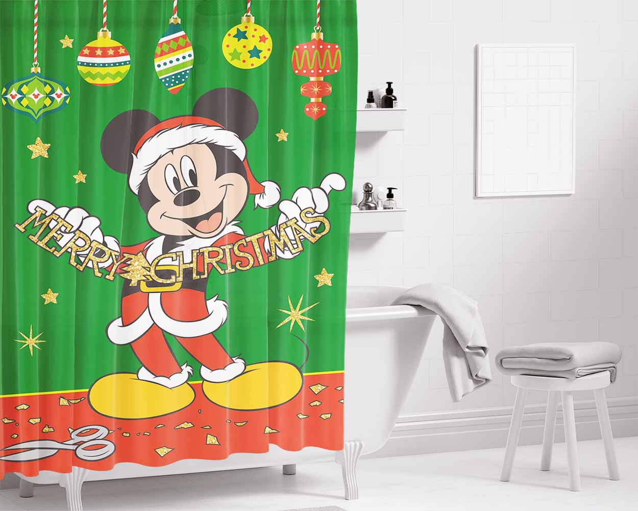 Merry Christmas Cutout Mickey Bathroom Shower Curtain Fabric Waterproof | 66 X 72 Inch