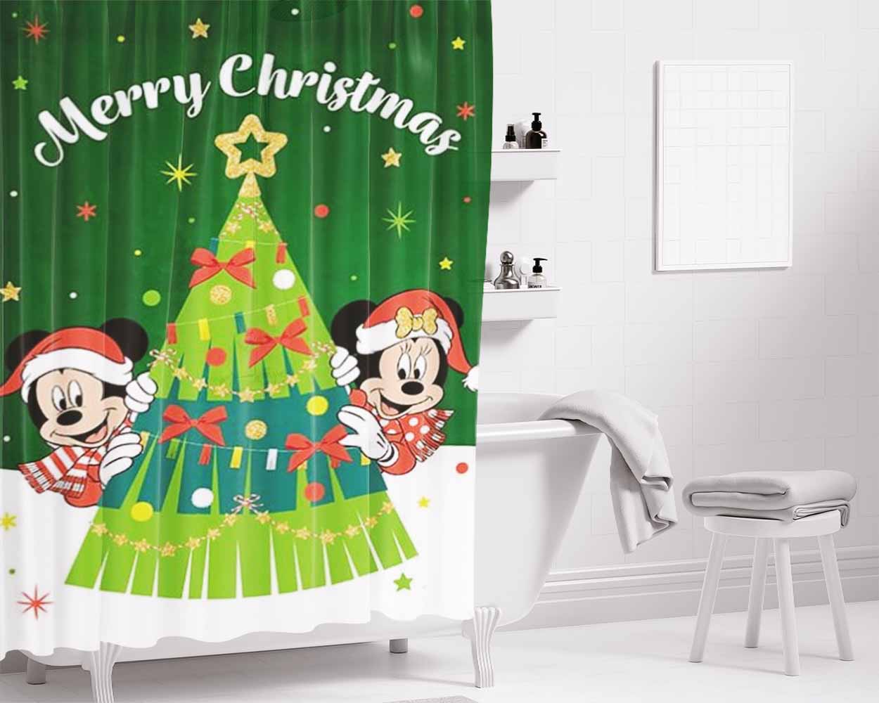 Merry Christmas Mickey And Minnie Tree Bathroom Shower Curtain Fabric Waterproof | 66 X 72 Inch
