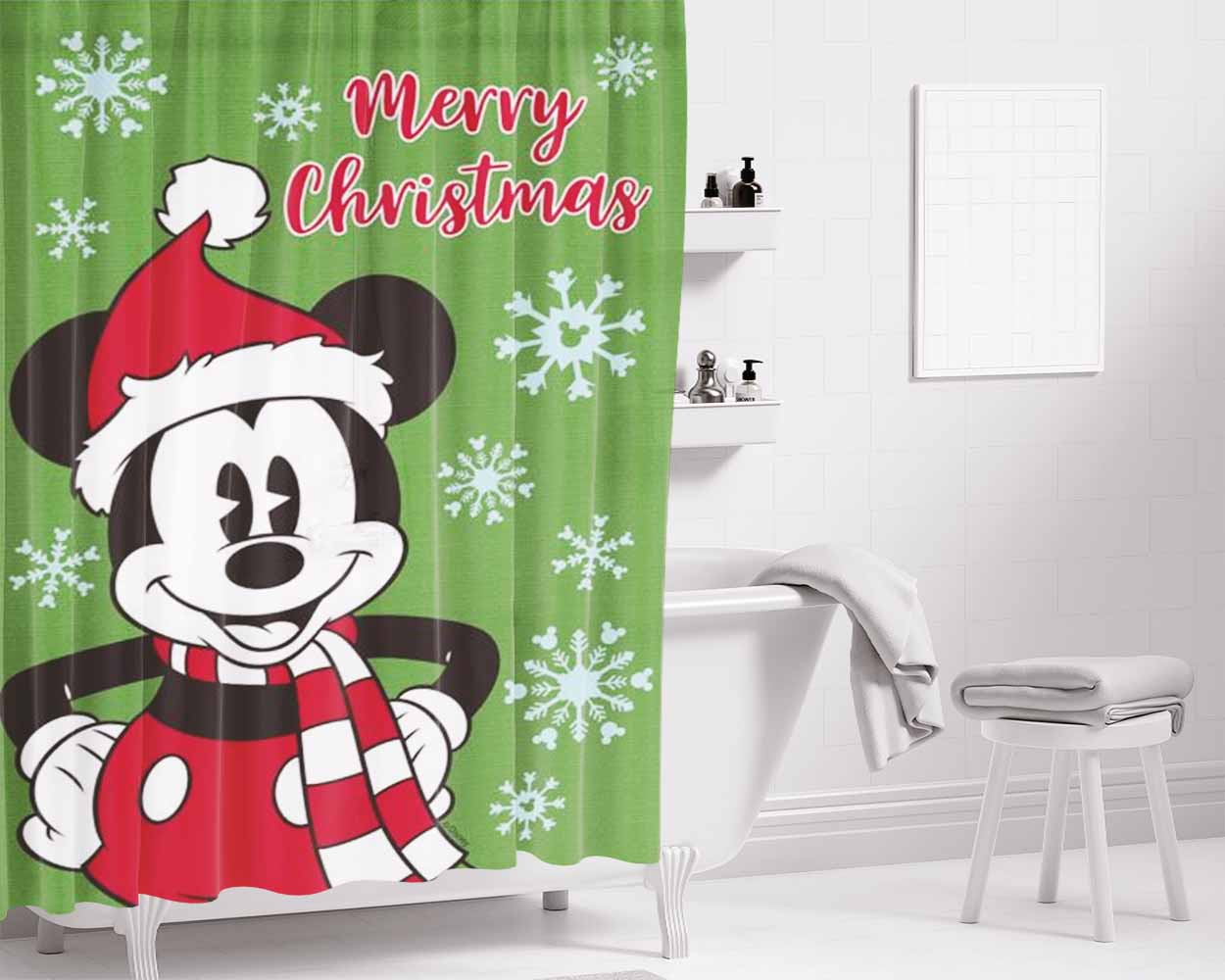 Merry Christmas Mickey Bathroom Shower Curtain Fabric Waterproof | 66 X 72 Inch