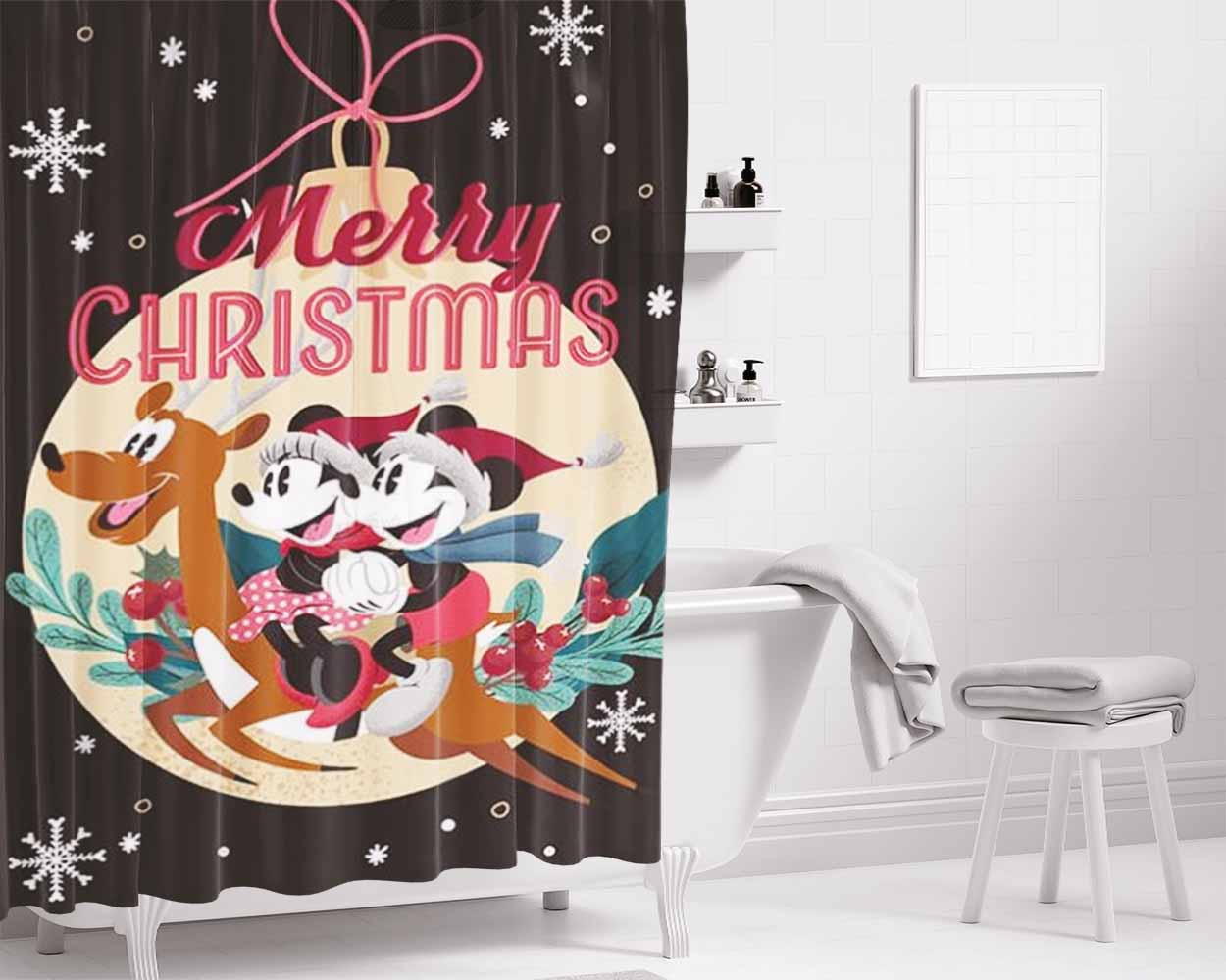 Merry Christmas Reindeer Mickey And Minnie Bathroom Shower Curtain Fabric Waterproof | 66 X 72 Inch
