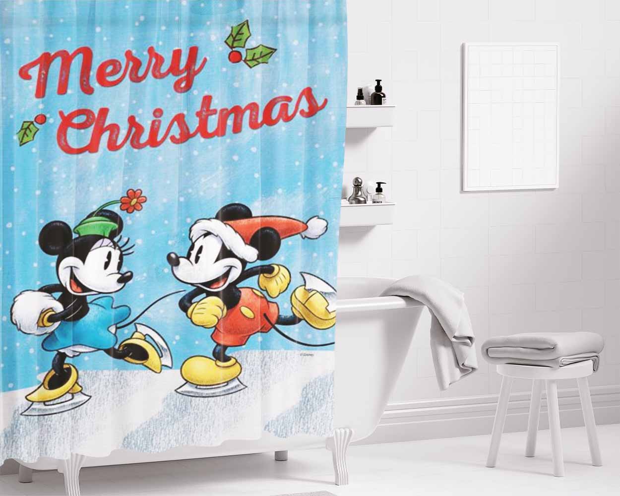 Merry Mickey & Minnie Bathroom Shower Curtain Fabric Waterproof | 66 X 72 Inch
