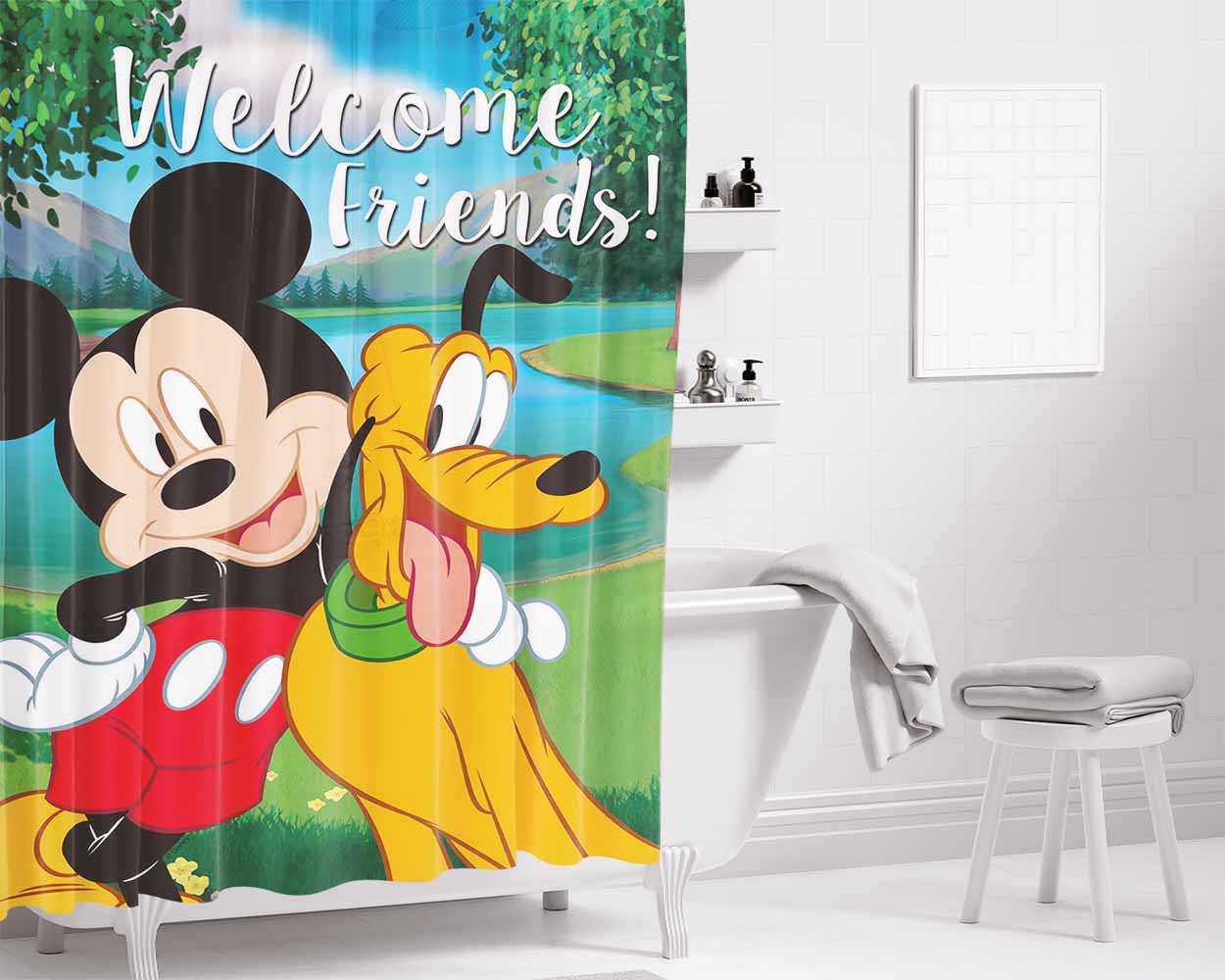 Mickey & Minnie Retro Love Bathroom Shower Curtain Fabric Waterproof | 66 X 72 Inch