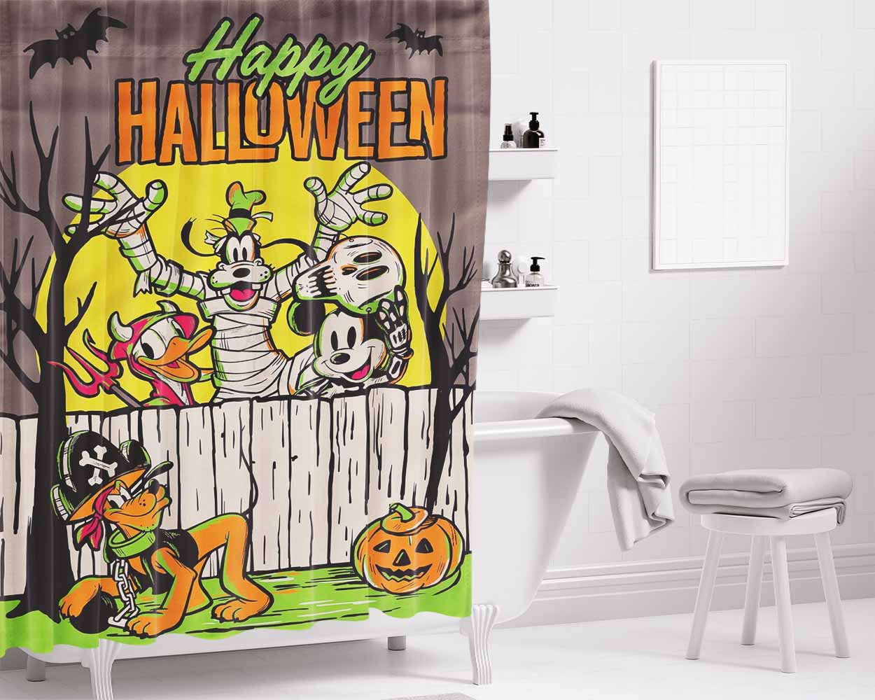 Mickey And Friends Halloween Bathroom Shower Curtain Fabric Waterproof | 66 X 72 Inch