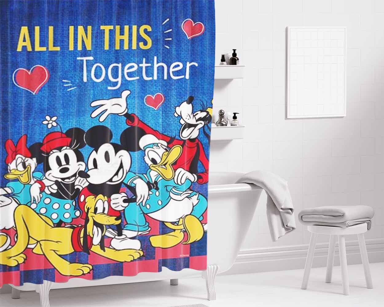 Mickey And Friends Together Bathroom Shower Curtain Fabric Waterproof | 66 X 72 Inch