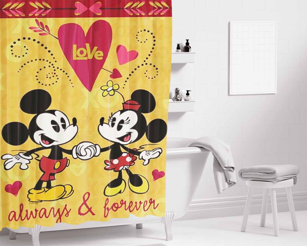 Mickey And Minnie Always Bathroom Shower Curtain Fabric Waterproof | 66 X 72 Inch