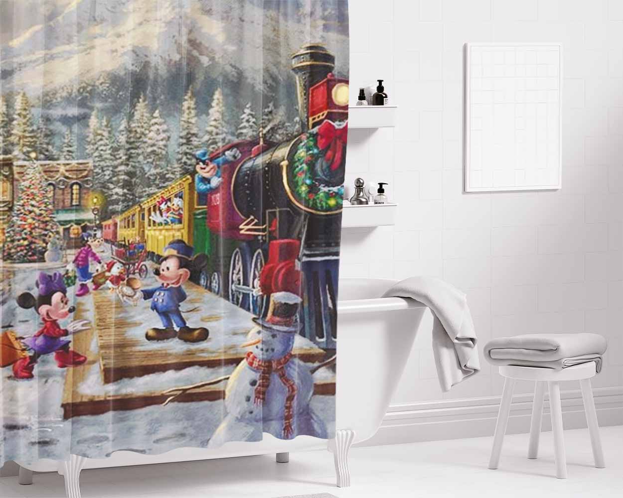 Mickey And Minnie Candy Cane Express Bathroom Shower Curtain Fabric Waterproof | 66 X 72 Inch