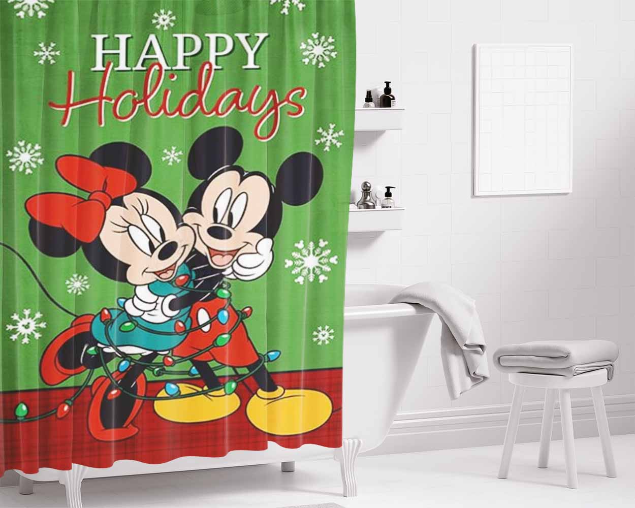 Mickey And Minnie Christmas Light Tangle Bathroom Shower Curtain Fabric Waterproof | 66 X 72 Inch