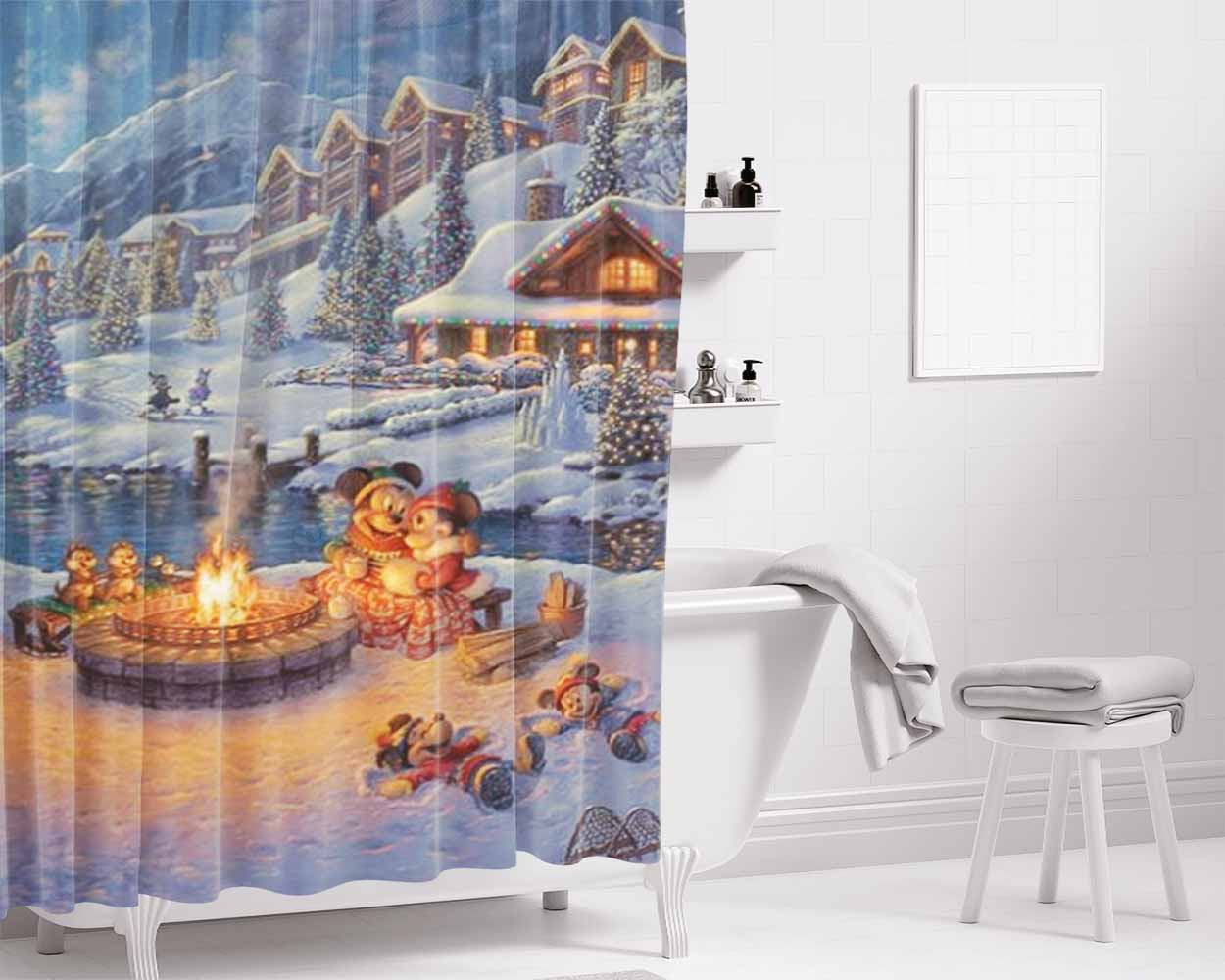 Mickey And Minnie Christmas Lodge Bathroom Shower Curtain Fabric Waterproof | 66 X 72 Inch