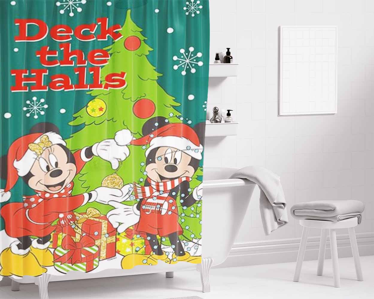 Mickey And Minnie Deck The Halls Bathroom Shower Curtain Fabric Waterproof | 66 X 72 Inch