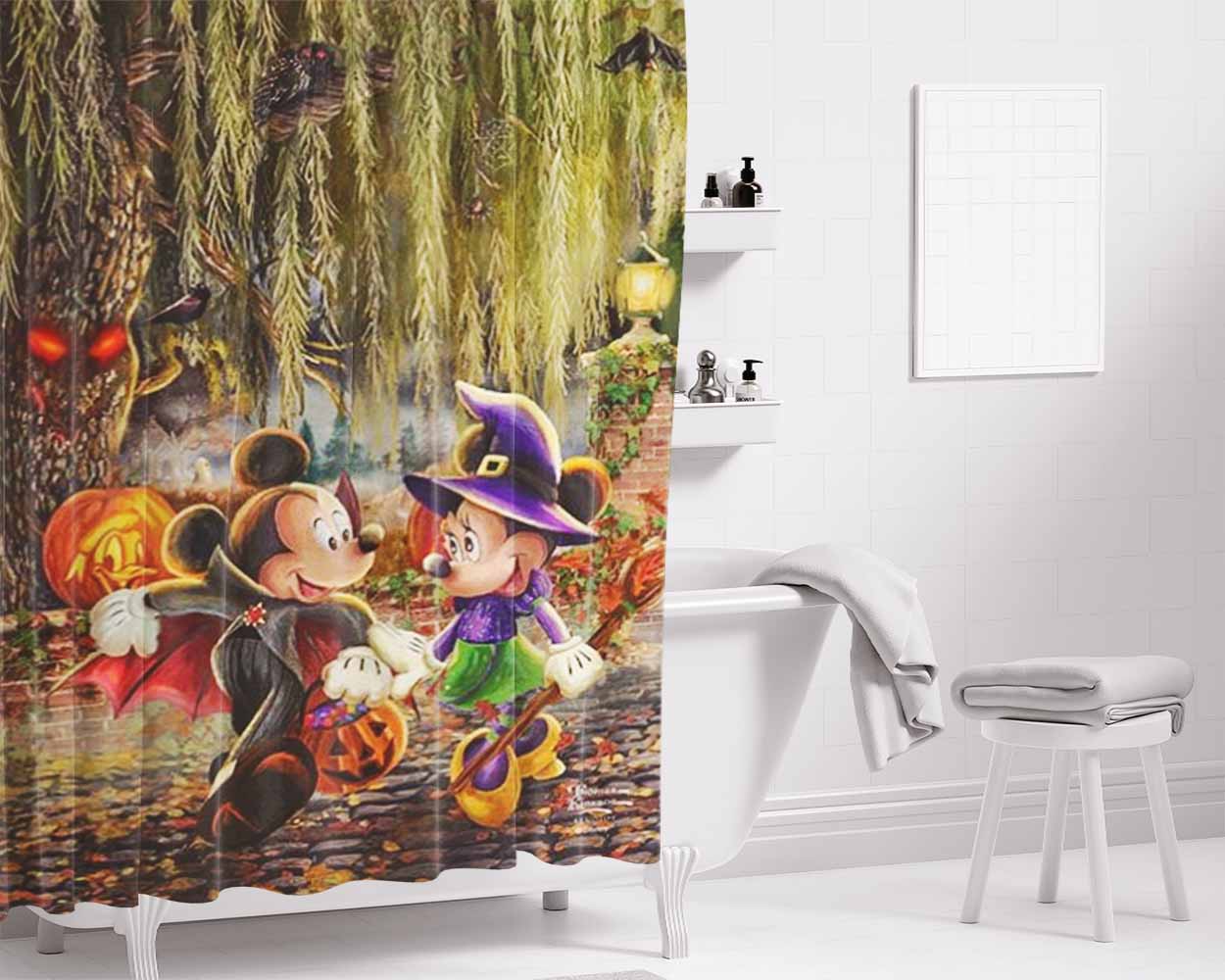 Mickey And Minnie Halloween Fun Bathroom Shower Curtain Fabric Waterproof | 66 X 72 Inch