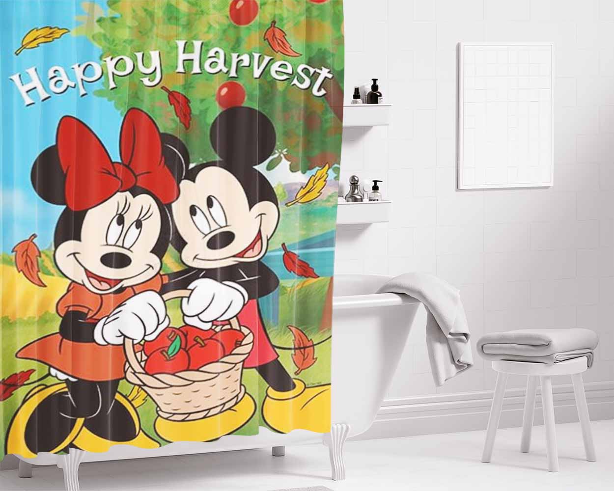 Mickey And Minnie Happy Harvest Bathroom Shower Curtain Fabric Waterproof | 66 X 72 Inch