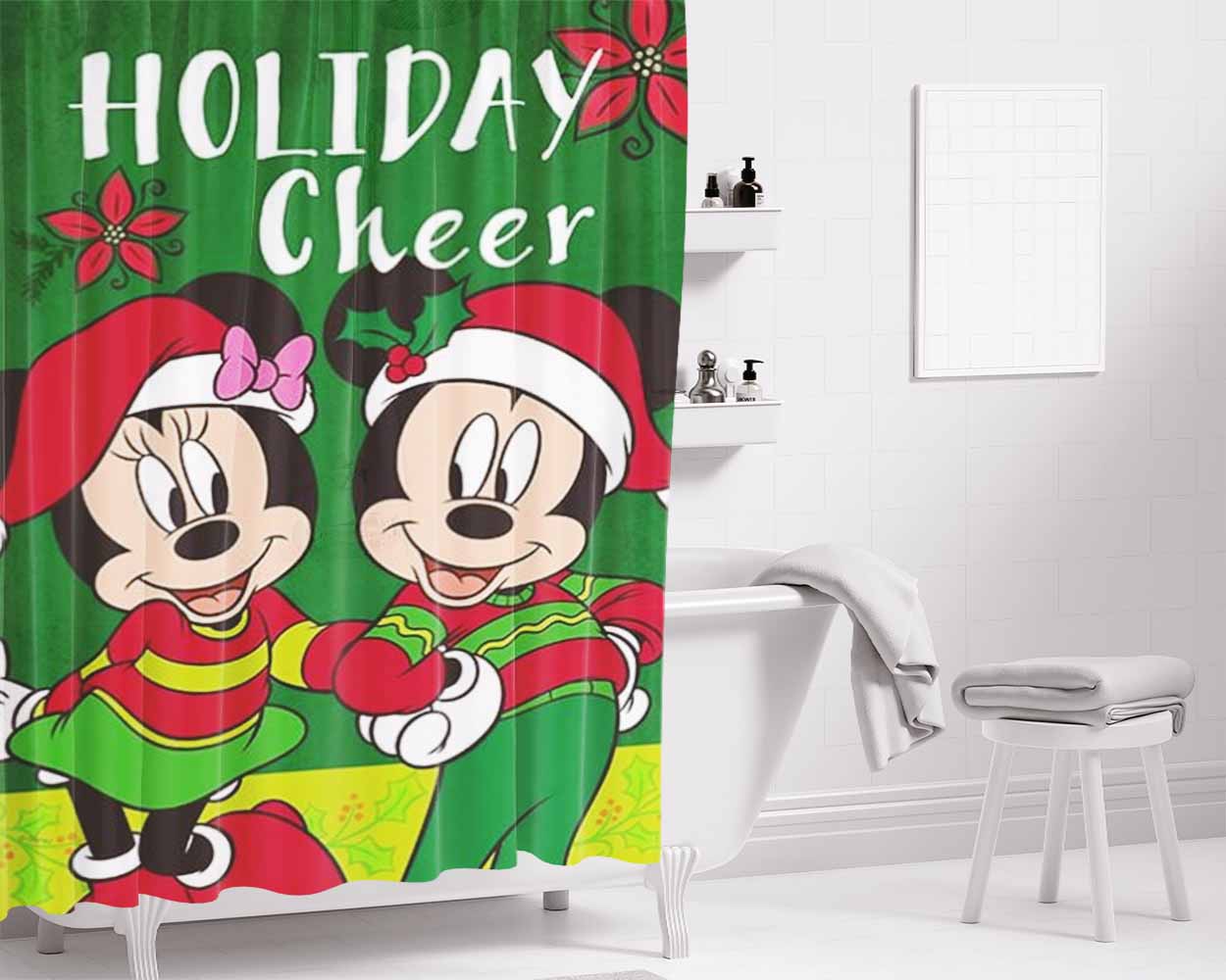 Mickey And Minnie Holiday Cheer Bathroom Shower Curtain Fabric Waterproof | 66 X 72 Inch