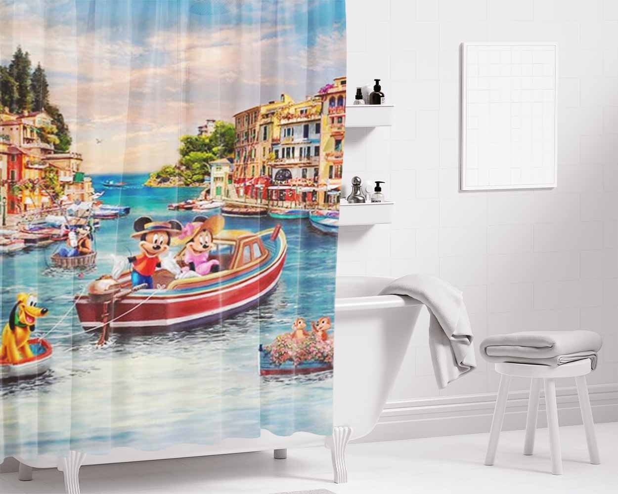 Mickey And Minnie In Italy Bathroom Shower Curtain Fabric Waterproof | 66 X 72 Inch