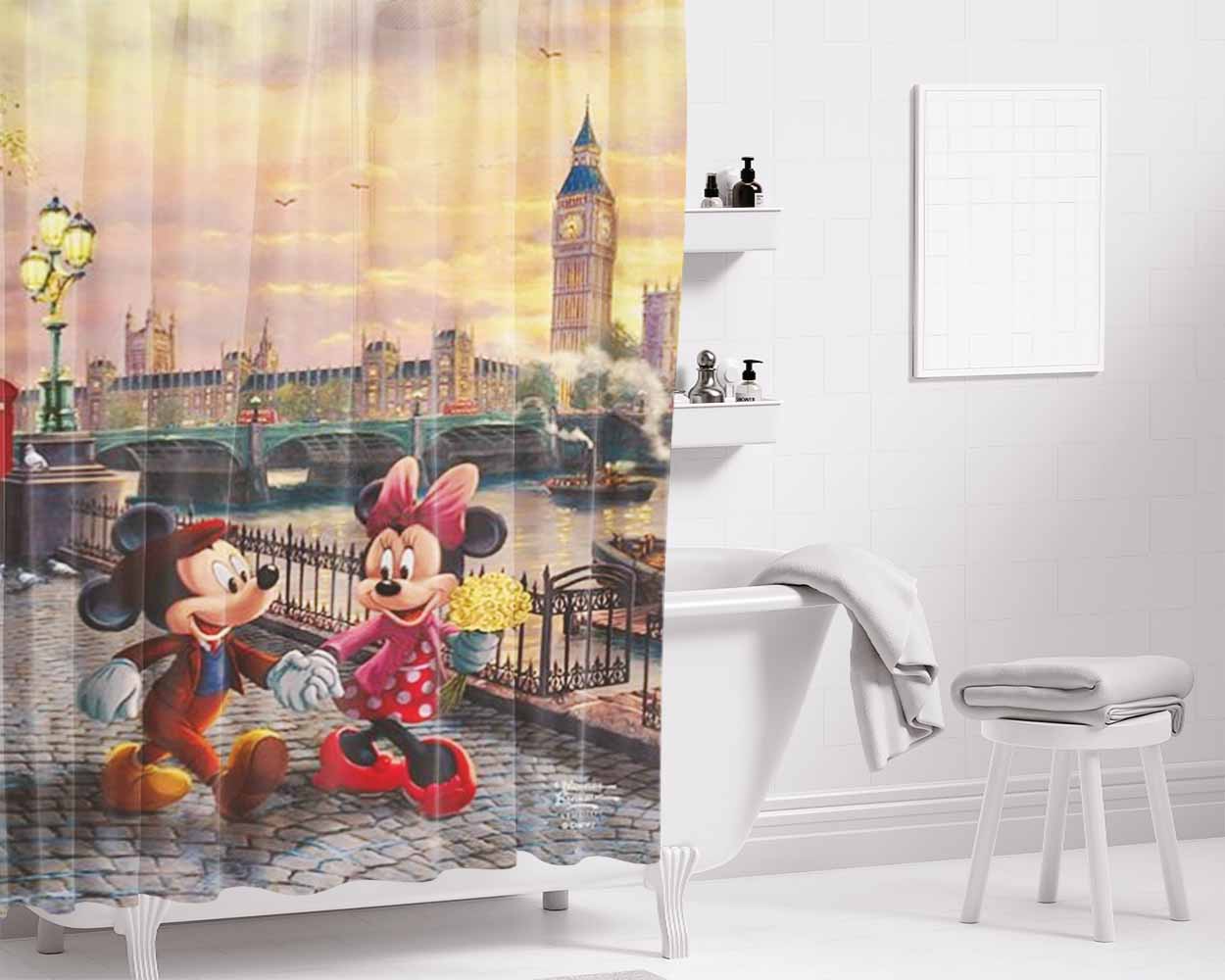 Mickey And Minnie In London Bathroom Shower Curtain Fabric Waterproof | 66 X 72 Inch