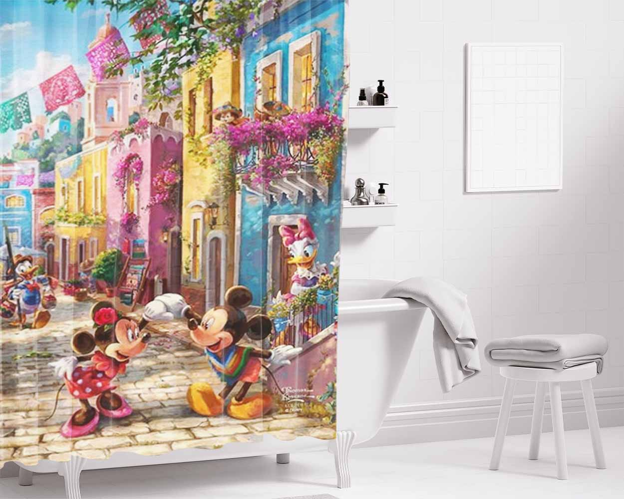 Mickey And Minnie In Mexico Bathroom Shower Curtain Fabric Waterproof | 66 X 72 Inch