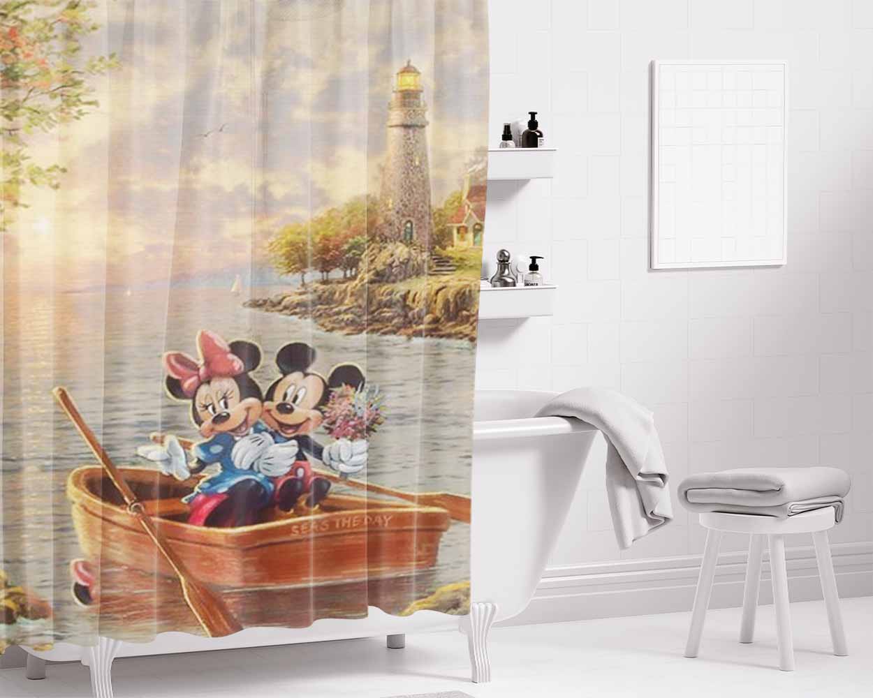 Mickey And Minnie Lighthouse Cover Bathroom Shower Curtain Fabric Waterproof | 66 X 72 Inch