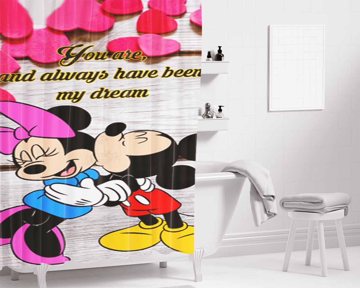 Mickey And Minnie Mouse Kissing Bathroom Shower Curtain Fabric Waterproof | 66 X 72 Inch
