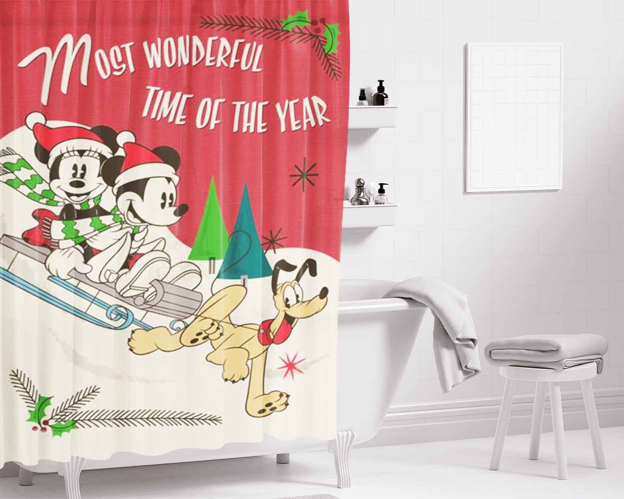 Mickey And Minnie Sledding Bathroom Shower Curtain Fabric Waterproof | 66 X 72 Inch
