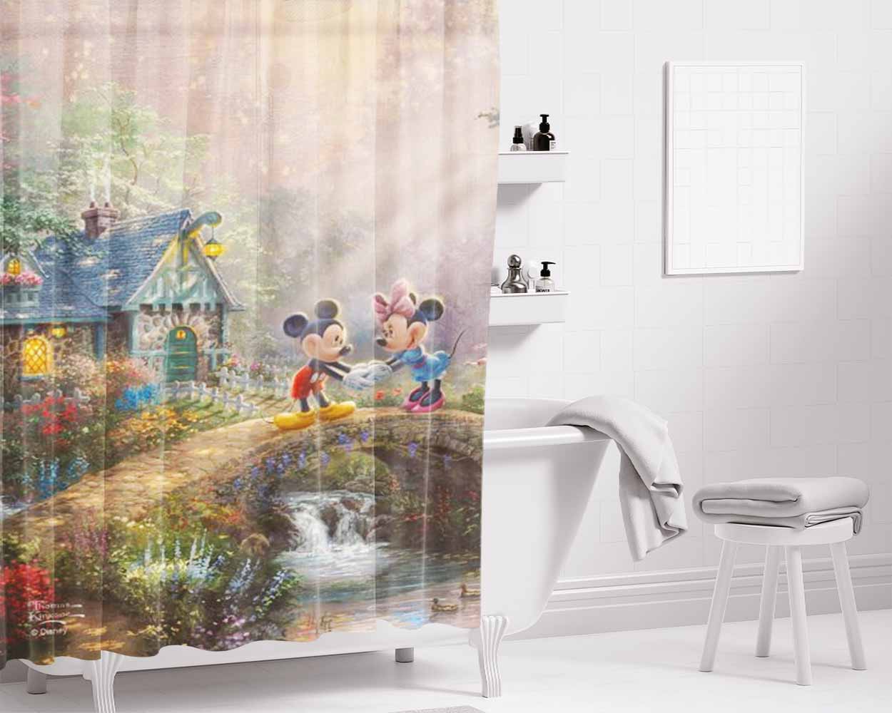 Mickey And Minnie Sweetheart Bridge Bathroom Shower Curtain Fabric Waterproof | 66 X 72 Inch