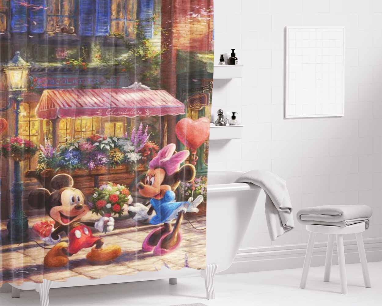 Mickey And Minnie Sweetheart Café Bathroom Shower Curtain Fabric Waterproof | 66 X 72 Inch