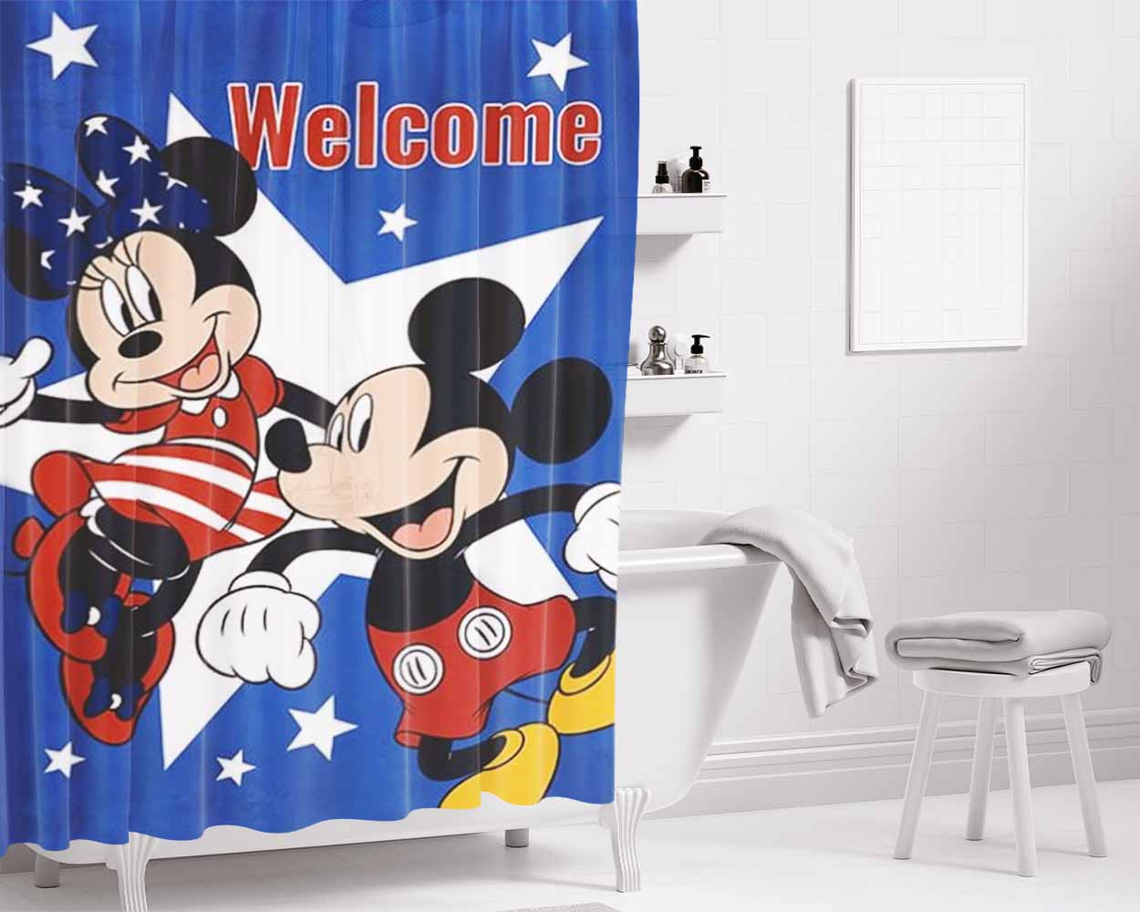 Mickey And Minnie Usa Welcome Bathroom Shower Curtain Fabric Waterproof | 66 X 72 Inch