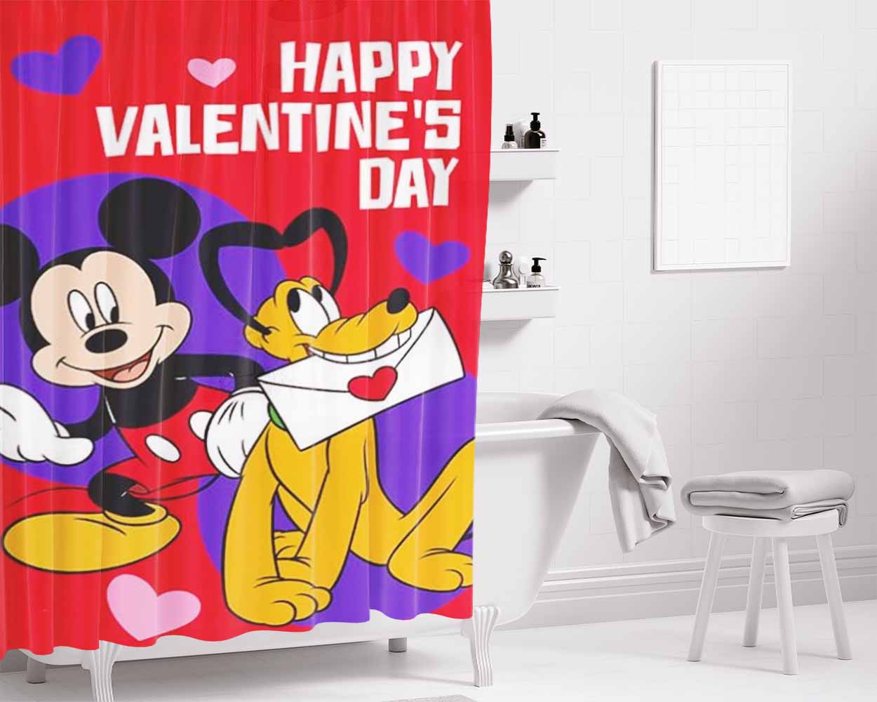 Mickey And Pluto Valentine’S Card Bathroom Shower Curtain Fabric Waterproof | 66 X 72 Inch