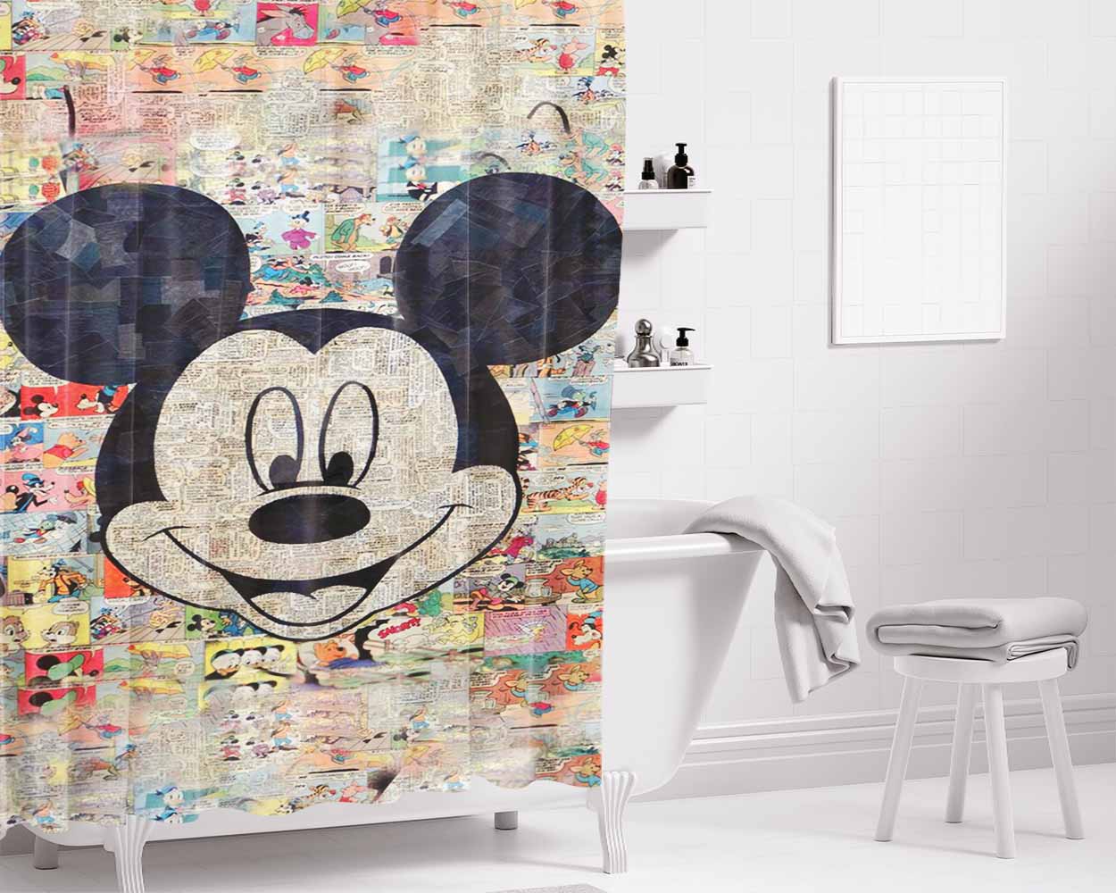 Mickey Disney Comic Collage Bathroom Shower Curtain Fabric Waterproof | 66 X 72 Inch