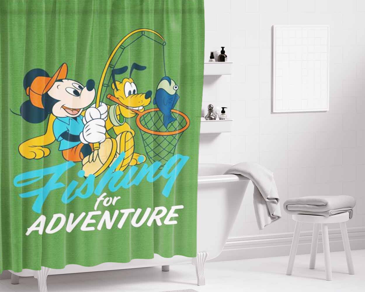 Mickey Fishing For Adventure Bathroom Shower Curtain Fabric Waterproof | 66 X 72 Inch