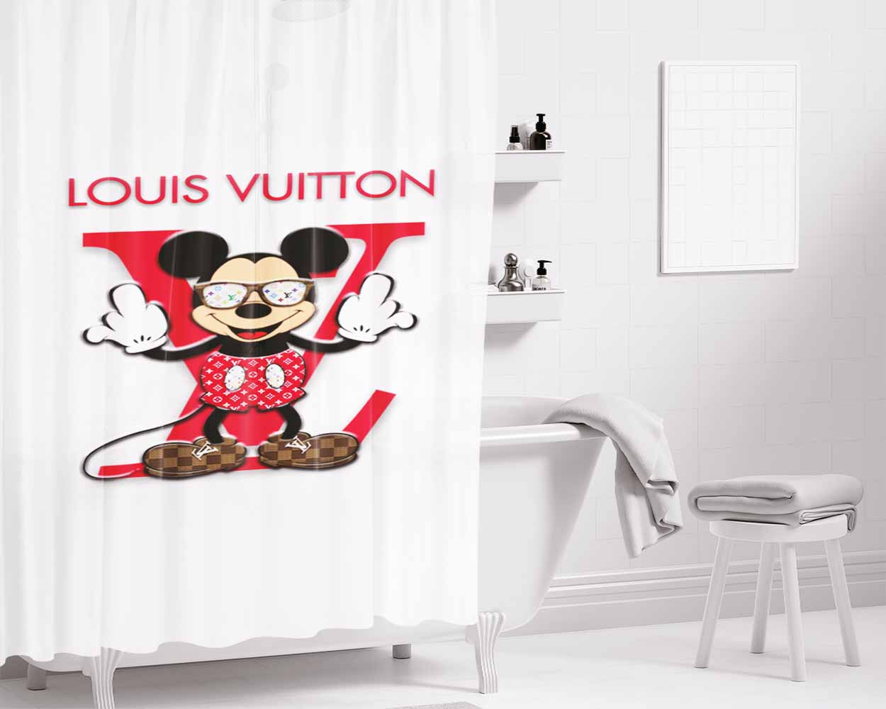 Mickey Louis Vuitton White Bathroom Shower Curtain Fabric Waterproof | 66 X 72 Inch