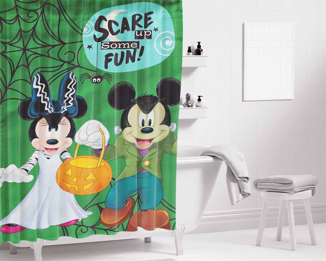 Mickey Minnie Halloween Bathroom Shower Curtain Fabric Waterproof | 66 X 72 Inch