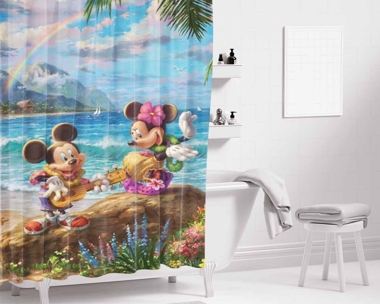 Mickey Minnie Hawaii Bathroom Shower Curtain Fabric Waterproof | 66 X 72 Inch